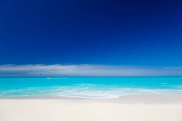 istock Clean White Caribbean Beach With Blue Sky 182053449