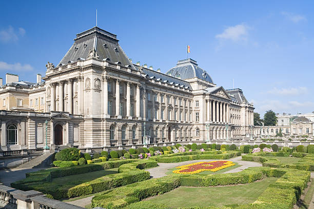 Park with Belgian Royal palace in Brussels stock photo