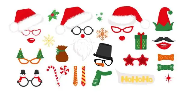 Vector illustration of Santa hats, elf and snowman, reindeer antlers, glasses. Set of New Year cliparts. Props for Christmas photo booth. Vector illustration