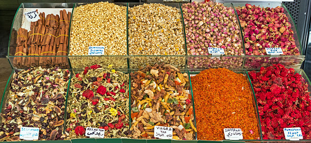 Dried flower and fruit teas, chamomile, fennel, orange, mint, rose, clove, in the historical corn bazaar of Istanbul