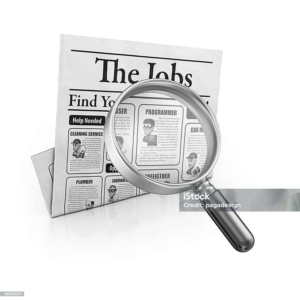 the jobs "isolated newspaper tittled: The Jobs and hand loupe.3d render.All data is faked, articles are written in Lorem Ipsum." Advertisement Stock Photo