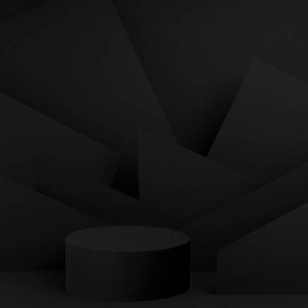 istock Abstract one black round podium with geometric pattern on wall for cosmetic products, mockup on black background. Black stage template in futuristic style for showing products, advertising, design. 1820556019