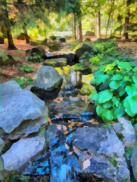 istock Watercolor mountain landscape. Mountain stream, stones covered with moss, water cascade, waterfall. Digital painting. Watercolor drawing 1820557187