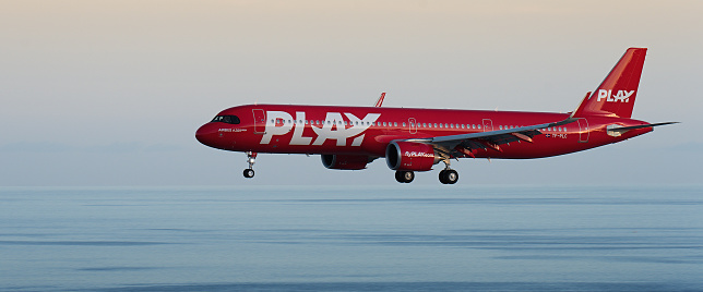 Tenerife, Spain June 4 st, 2023. Play Airlines Airbus A321 Landing in Tenerife International Airport. Play Airlines flies in the blue sky over the ocean