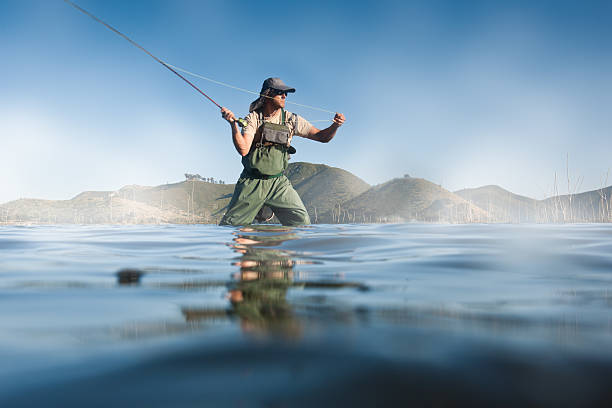 fly fisherman casting - fly fishing fishing river fisherman fotografías e imágenes de stock