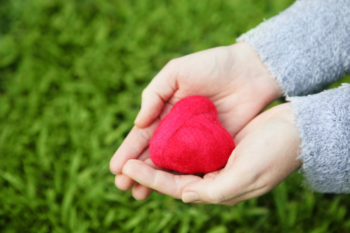 A woman's hands holding a small felt heart (made by me) over grass.