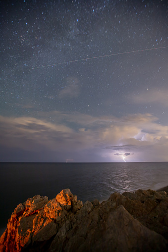 Storm, cloudy sky over by horizon with milky way.