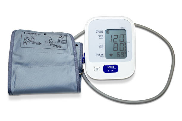 istock Electronic digital tonometer, device for measuring blood pressure. The display shows 120/80. 1820572953