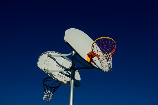 Outdoor Basketball Hoop and Backboard with a Blue Sky background