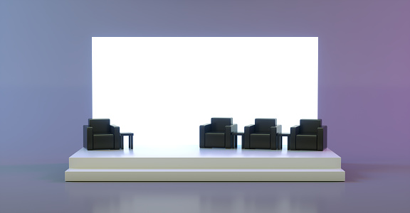 Empty Stage Design for Mockup and Corporate Identity With White Display and Black Armchairs. Platform Element. Blank Screen System for Graphic Resources. 3D Render Illustration.