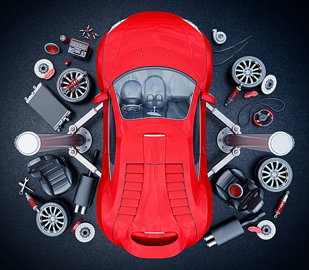 supercar parts top view of supercar lifted on elevator and car parts around.3d render.This is in 100% my own project.Property Release is not required. car instruments stock pictures, royalty-free photos & images