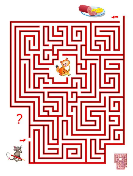 Vector illustration of Logic puzzle game with labyrinth for children and adults. Help the mouse find the way in till the food without meeting cat. Printable worksheet for kids brain teaser book. IQ test. Online playing.