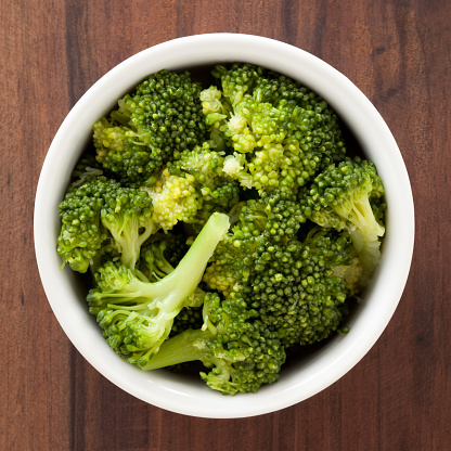 Top view of white bowl full of boiled broccoli