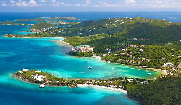 aerial shot of Coki Point, St. Thomas, US Virgin Islands "aerial shot of Coki Point, St. Thomas in foreground to Great St. James Island in background, US Virgin Islandsview my images from St. Thomas, USVI:" st. thomas virgin islands photos stock pictures, royalty-free photos & images