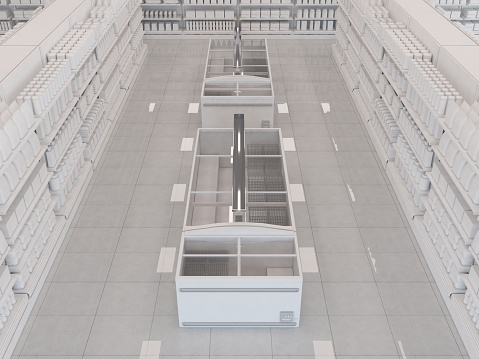 a supermarket aisle with shelves brimming with product packaging and island freezers in the center of the corridor devoid of frozen goods, creating a contrast between potential and emptiness. 3d rendering illustration