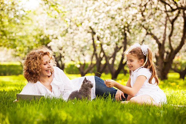 Mother and daughter playing with kitten on lawn in park stock photo