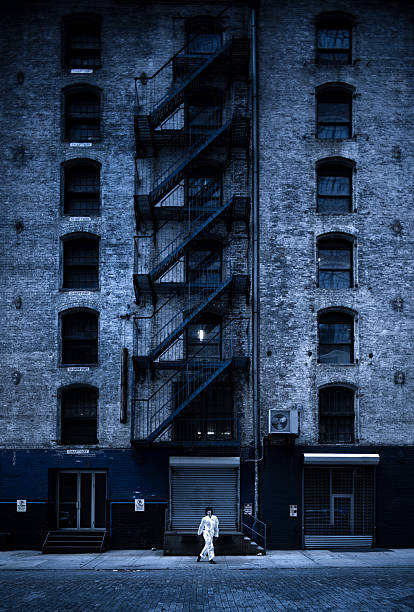 A kung fu warrior practices one of his stances as he trains in a back alley way of New York city. Tilt shift image for selective focus on man.