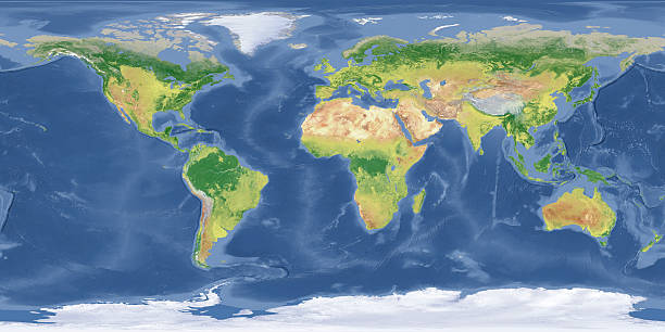 world Topographic Map "High quality surface map, natural colors, clouds cover.Clouds map comes from earthobservatory/nasa.The software to createA!Photoshop CS5" relief map photos stock pictures, royalty-free photos & images