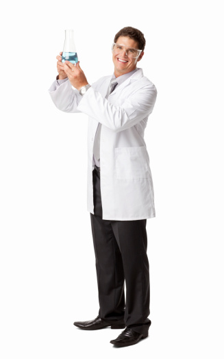 Full length portrait of a scientist holding flask. Vertical shot. Isolated on white.