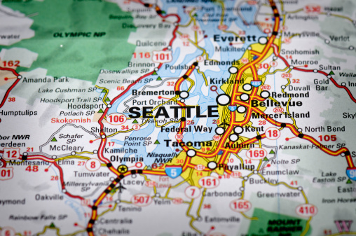 Map showing the area around Seattle, Washington, USA