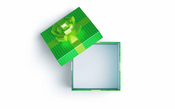 3d Render Open Gift Box Hollow White Color, Green Striped Ribbon and Green Pattern, Can be used for new year, valentine's day, happy birthday concepts. (Object + Shadow Clipping Path)