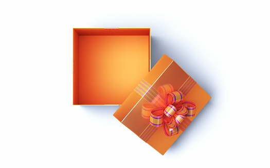 3d Render Open Gift Box with Orange and Purple Striped Ribbon is Empty, Can be used for new year, valentine's day, happy birthday concepts. (Object + Shadow Clipping Path)