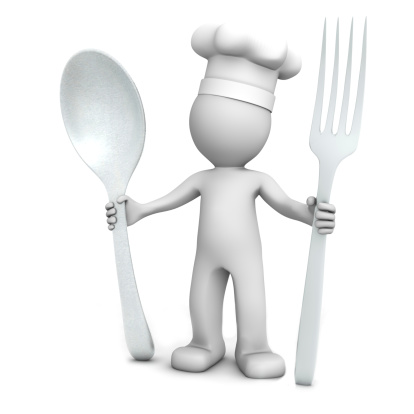 3D chef with spoon and fork on white background