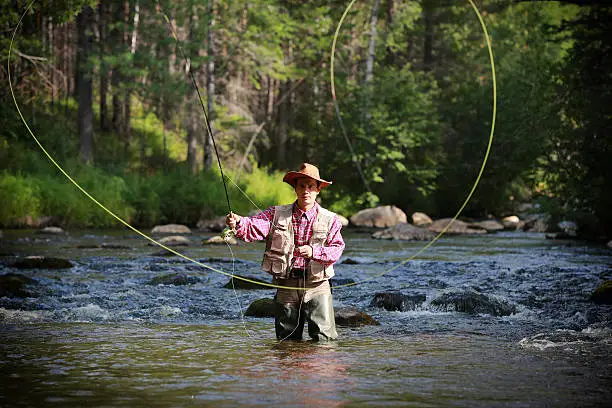 Fly fisherman stands knee deep in river casting his line. Adobe RGB