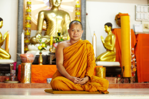 Seated monk in front of a Buddhist shrine gazing at the camera