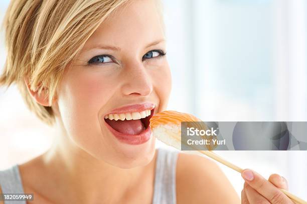 Mmmmmm Nigiri My Favourite Sushi Stock Photo - Download Image Now - Women, Sushi, Eating