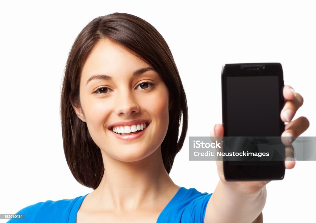 Donna presenta uno Smart Phone-isolato - Foto stock royalty-free di Donne