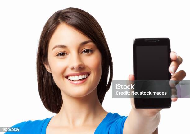 Woman Presenting A Smart Phone Isolated Stock Photo - Download Image Now - Women, One Woman Only, Showing