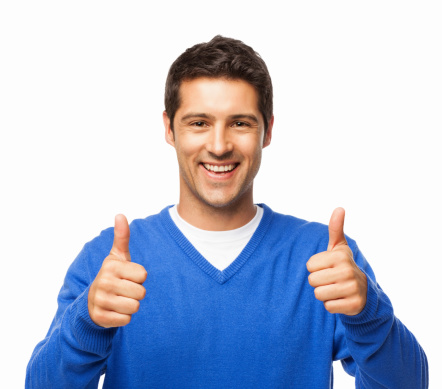 Portrait of a casual young man gesturing thumbs up. Horizontal shot. Isolated on white.