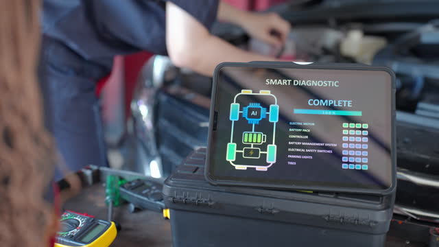 Unrecognized male mechanic checking an electric car engine and measuring the performance using smart diagnostic software system and showing the results on digital display at an auto repair workshop.