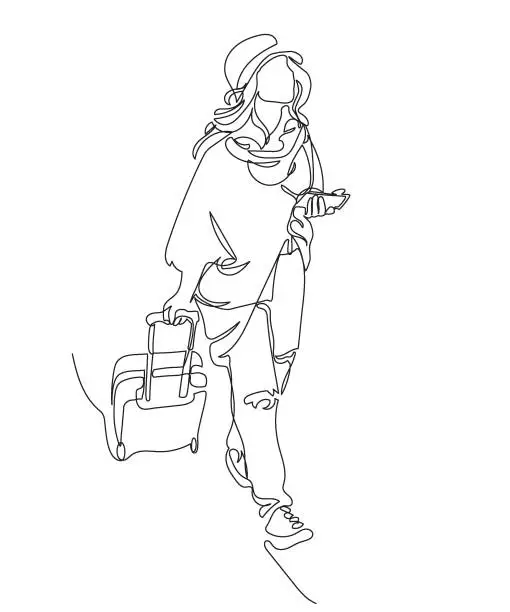 Vector illustration of Woman in hat and loose fit coat walking with suitcase, holding phone. Winter travel. Continuous line drawing. Black and white vector illustration in line art style.