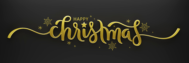 3D render of MERRY CHRISTMAS metallic gold brush calligraphy banner with snowflakes on black background