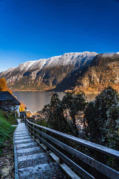 seasons changing at lake Hallstatt in austrian mountains from fall to winter, calm water, clear blue sky, colorful larch trees and above some snow, small path leading down to village