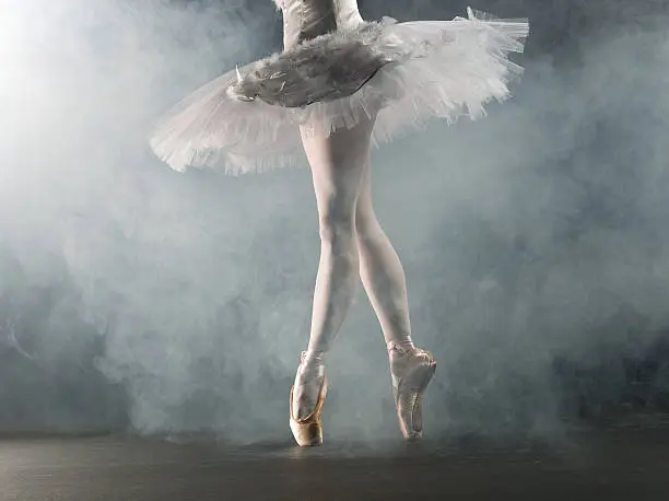 "Young female ballerina standing on toes, low section"