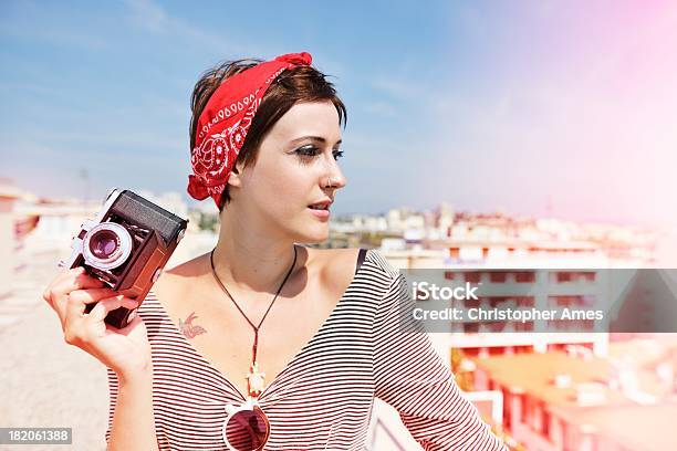 Young Woman With Oldfashioned Camera Stock Photo - Download Image Now - Camera - Photographic Equipment, Medium Format Camera, Old-fashioned