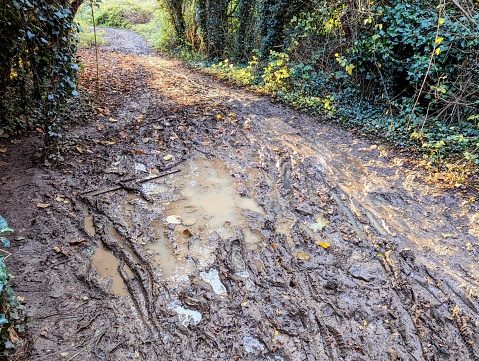 A wet muddy footpath with puddles and footprints