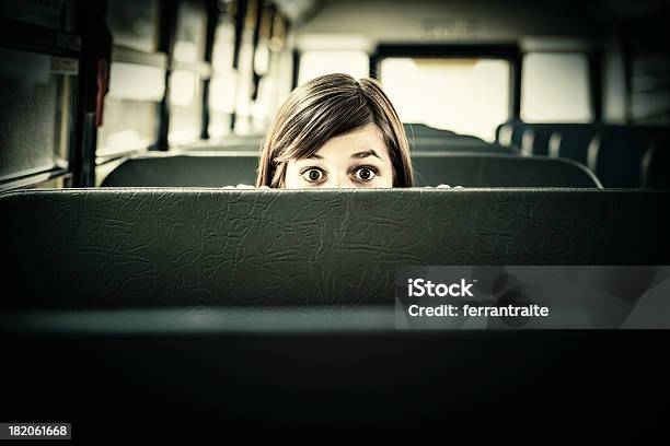Scared Student In School Bus Stock Photo - Download Image Now - Bus, Fear, Horror