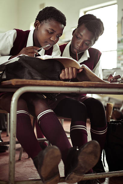 retrato del sur de las niñas africanas estudiando en un campo con montaje tipo aula - african descent africa african culture classroom fotografías e imágenes de stock