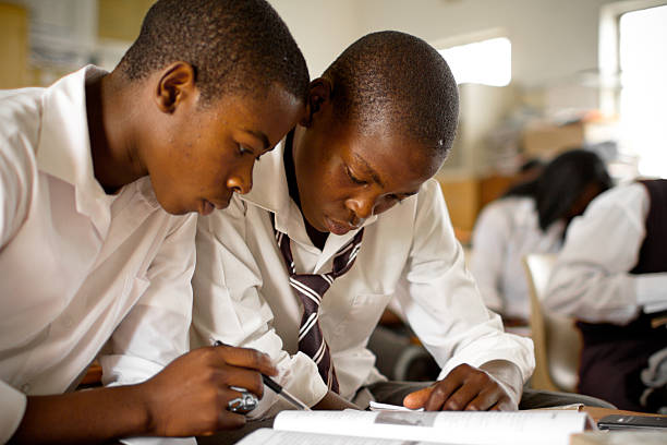Portrait of two South African boys studying in rural classroom stock photo