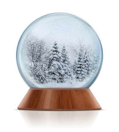 Snow covered pine trees in snow globe. Isolated on white background.