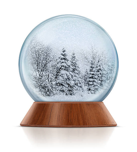 Winter Scene in Snow Globe Snow covered pine trees in snow globe. Isolated on white background. snow globe photos stock pictures, royalty-free photos & images