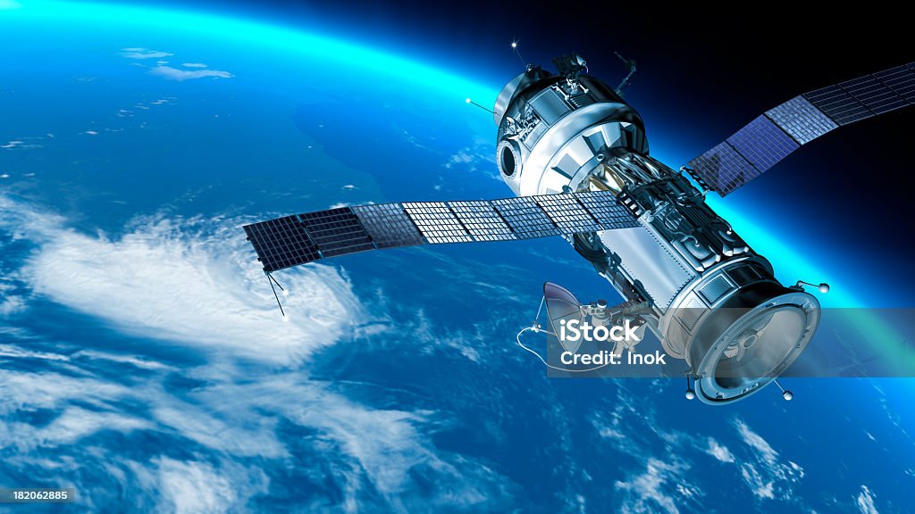 Space station in Earth orbit. "My design space station on Earth orbit. The satellite has severalcommunication  anten.Also it maybe SPY, GPS satelite." Satellite Stock Photo