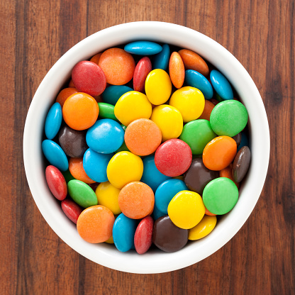 Top view of white bowl full of colorful chocolate candies