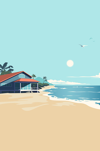 Tropical summer. A bungalow at the seashore facing the ocean. Sandy beach in the rays of gentle sun with a seagull in the blue skies.