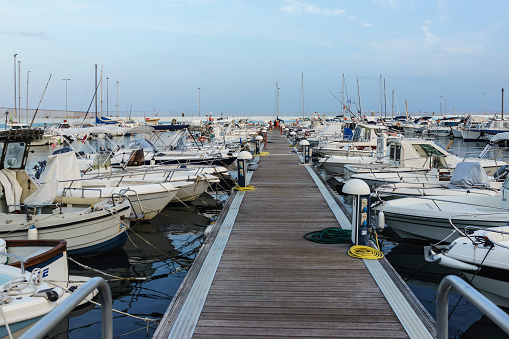 Diano Marina, Liguria, Italy - August 26, 2023: Tourist marina with moored boats.