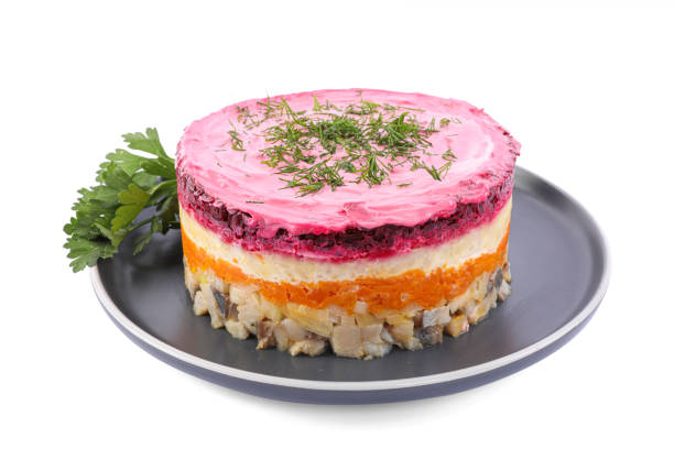 istock Herring under fur coat salad isolated on white. Traditional Russian dish 1820642154